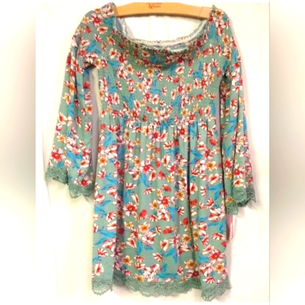 Xhilaration Green Floral Print Off the Shoulder Smocked Bell Sleeve Dress Size S